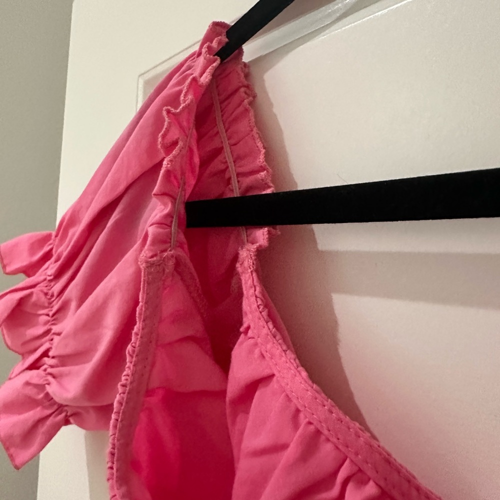 Pink Puff Sleeve Crop Top with Ruched Ruffled Details - Picture 3 of 3